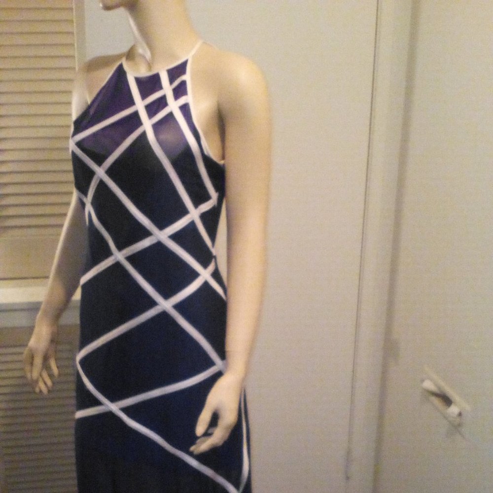 E speed Designs, Dark Blue Spaghetti Strap Dress with White art Deco Piping
